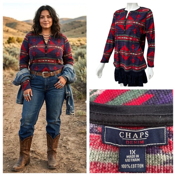 Chaps Denim Tops - Chaps Denim Womens 1X Southwestern Aztec Thermal Henley Shirt Purple Red Cotton